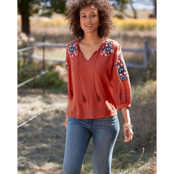 ✨Garnet Hill Embroidered-Yoke Bishop-Sleeve Sz Small Blouse✨ - Picture 1 of 13